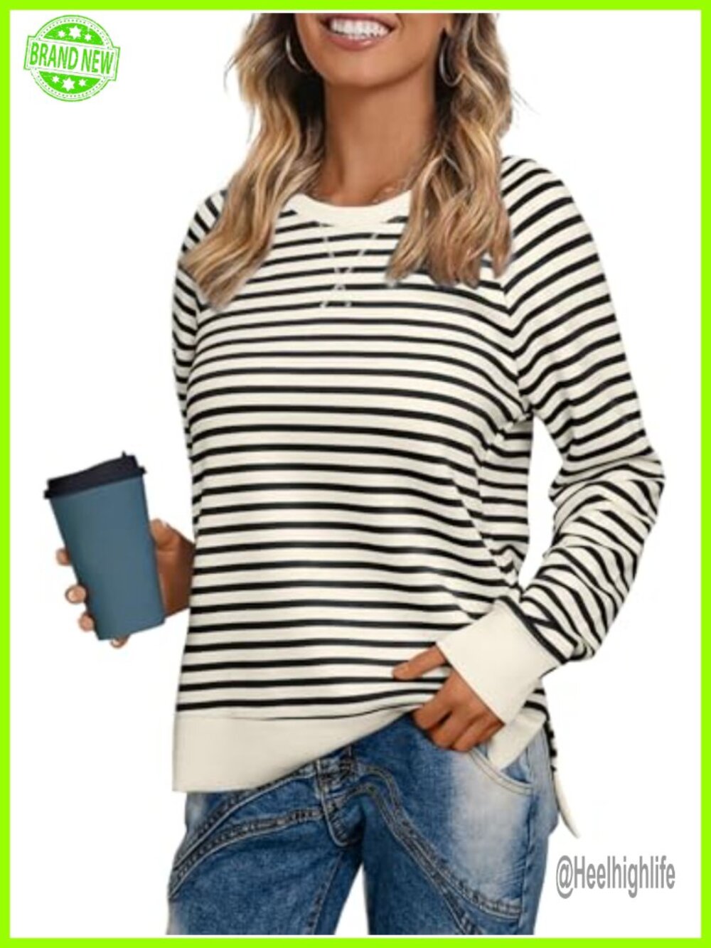 Long Sleeve Crewneck Sweatshirt Loose Fit Pullover Stripe